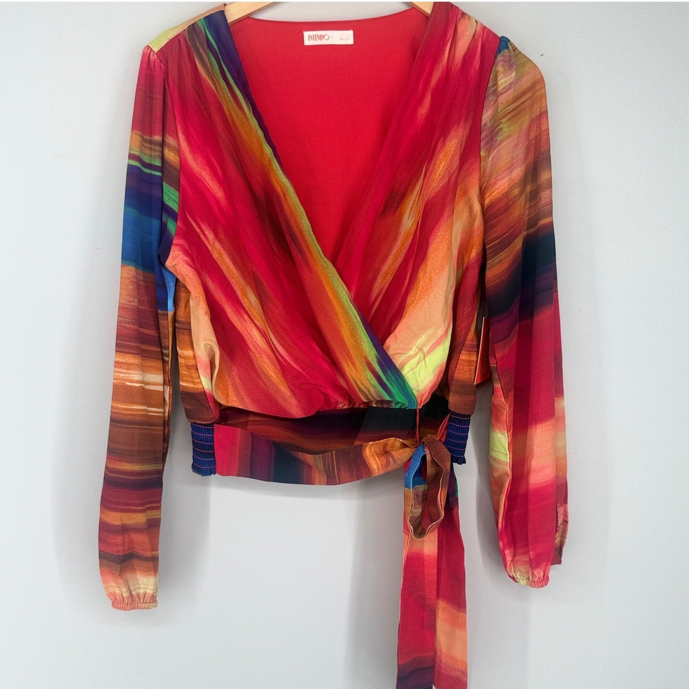 INTEMPO Surplice Tie Front Top Womens Large Multi-Color‎ Abstract Smocked Blouse